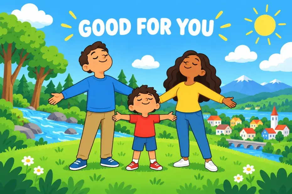 A cartoon family breathes deeply on a green hill above a clean town, showing salubrious in a sentence as health-giving surroundings.
