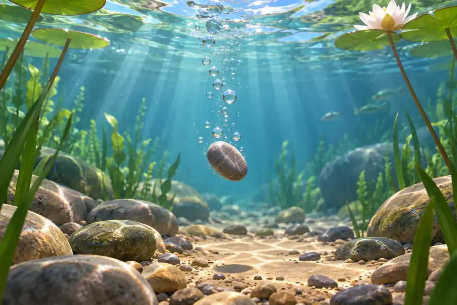 A small stone descends through clear pond water toward the bottom.