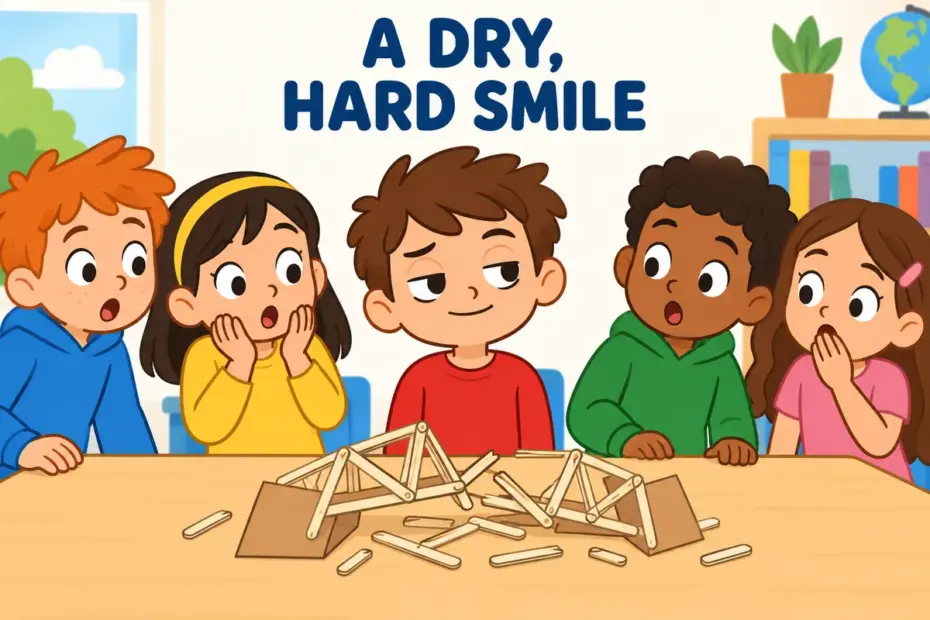 A dry, ironic expression illustrates sardonic in a sentence without teasing anyone.