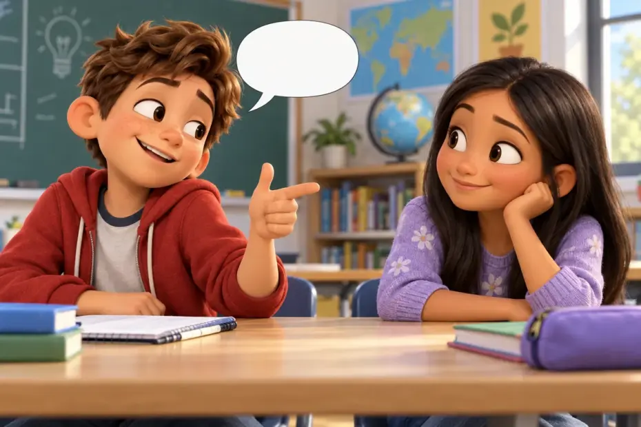 Two students talk across a classroom table, one responding with cheeky attitude while the other listens.