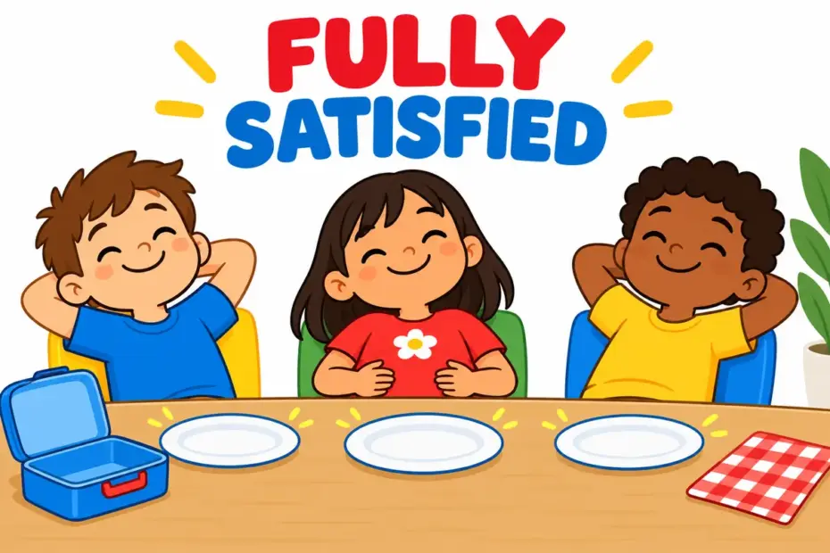 Cartoon children relax contentedly after a shared meal, showing satiate in a sentence as an appetite filled completely.