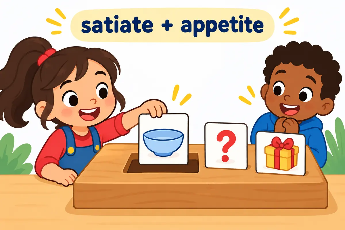 A cartoon card showing a hungry stomach slots into the object position after the verb satiate on a large board.