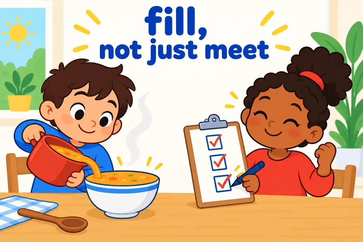 A cartoon single scene contrasts an empty bowl filling to the brim nearby with a checklist being ticked alongside.