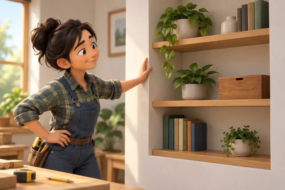 A craftsperson checks a neatly finished wooden shelf that fits its intended space.