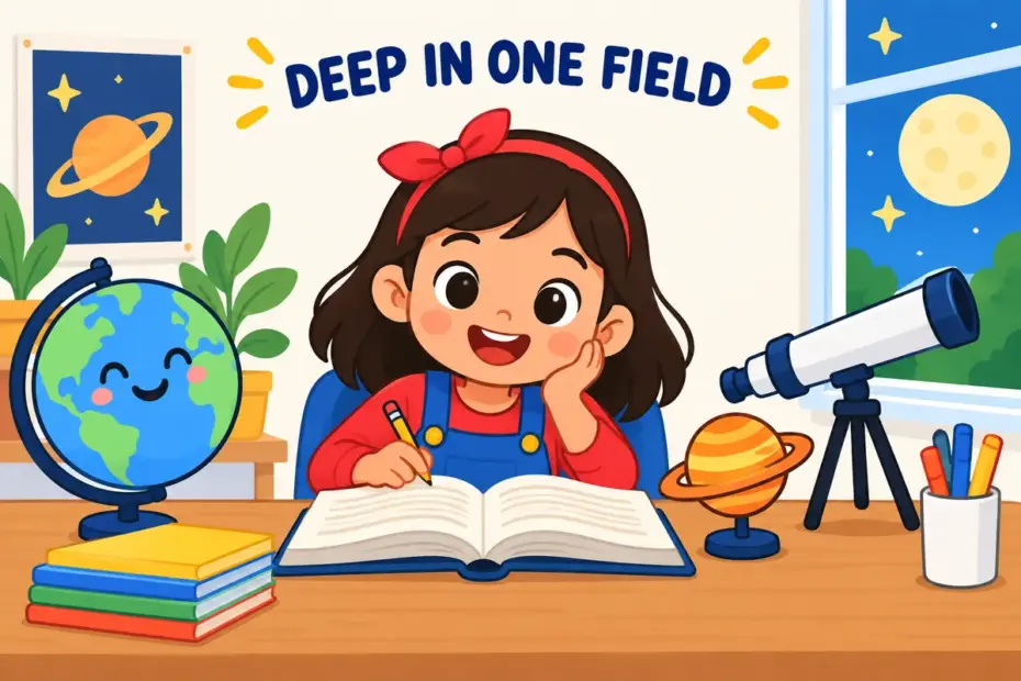 Cartoon child reads a thick book beside a small telescope, showing savant in a sentence as deep knowledge in one field.
