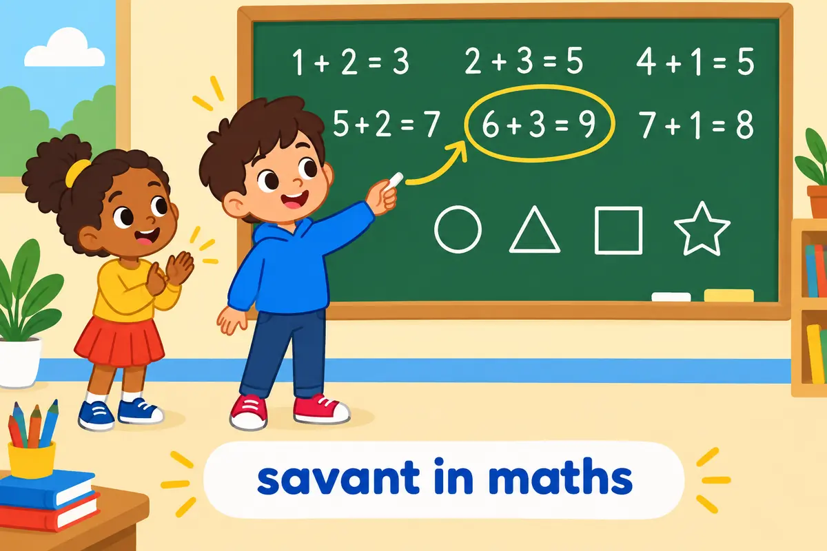 A cartoon child points at a chalkboard full of neat sums, showing the savant in a field pattern.