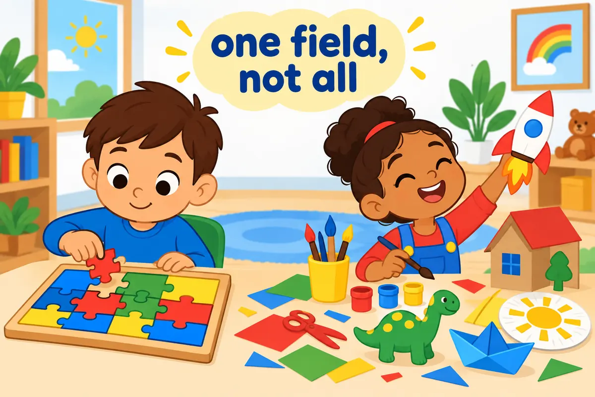 A single unified cartoon scene contrasts a child mastering one puzzle board with a child inventing across many crafts.