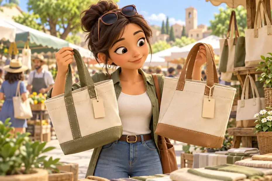 A savvy shopper compares two canvas bags with blank price tags at a market.