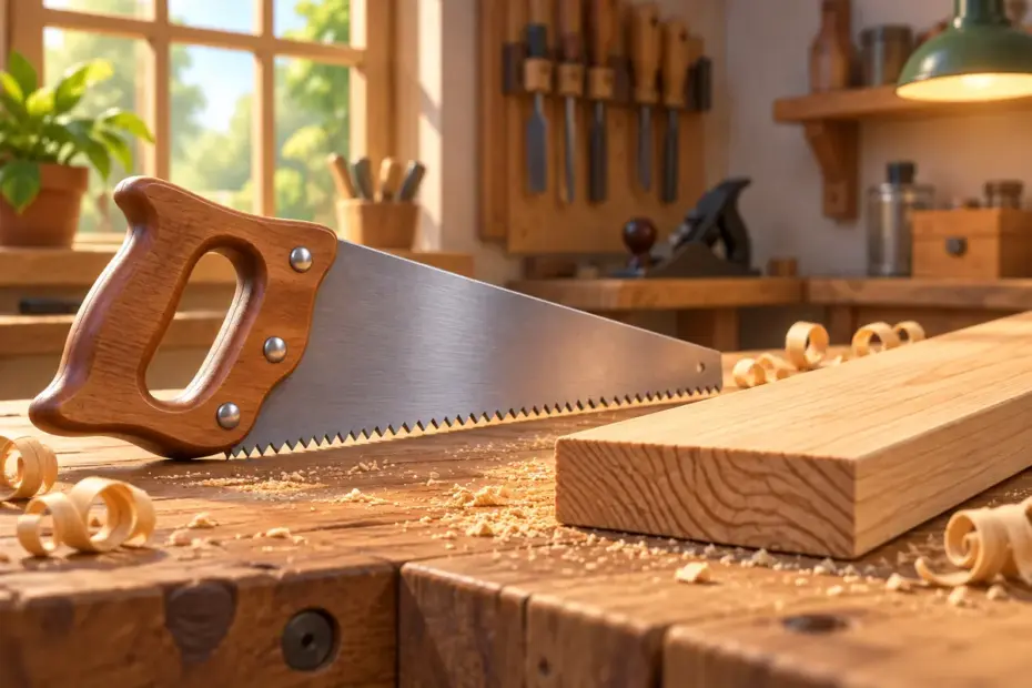 A carpenter’s saw rests beside a wooden board.