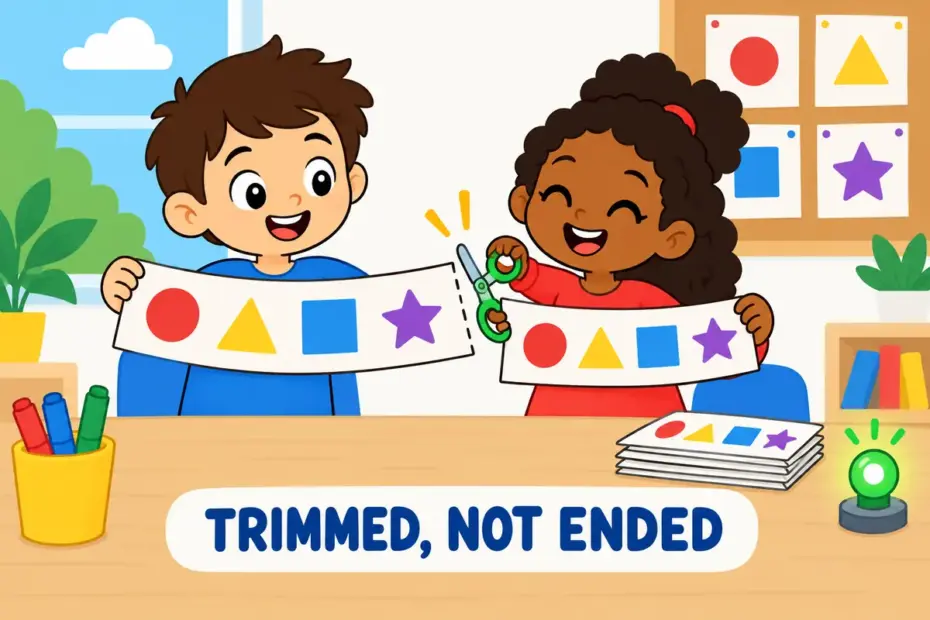 Cartoon children cut a long paper banner down to a neat smaller one, showing scale back in a sentence as trimming a plan.