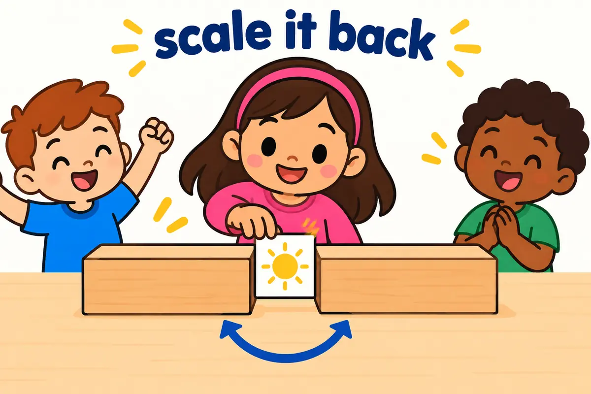 Cartoon cards show a long plan sliding apart as a small pronoun card slots between the words scale and back.