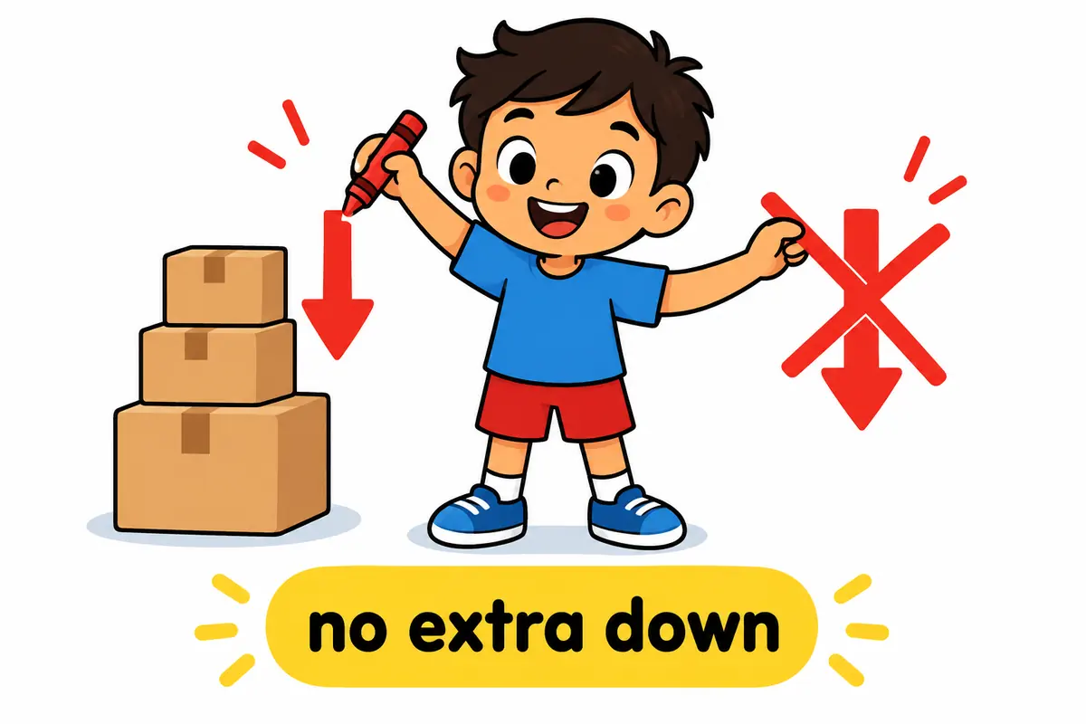 A cartoon child crosses out a second downward arrow beside a stack of boxes that is already smaller.