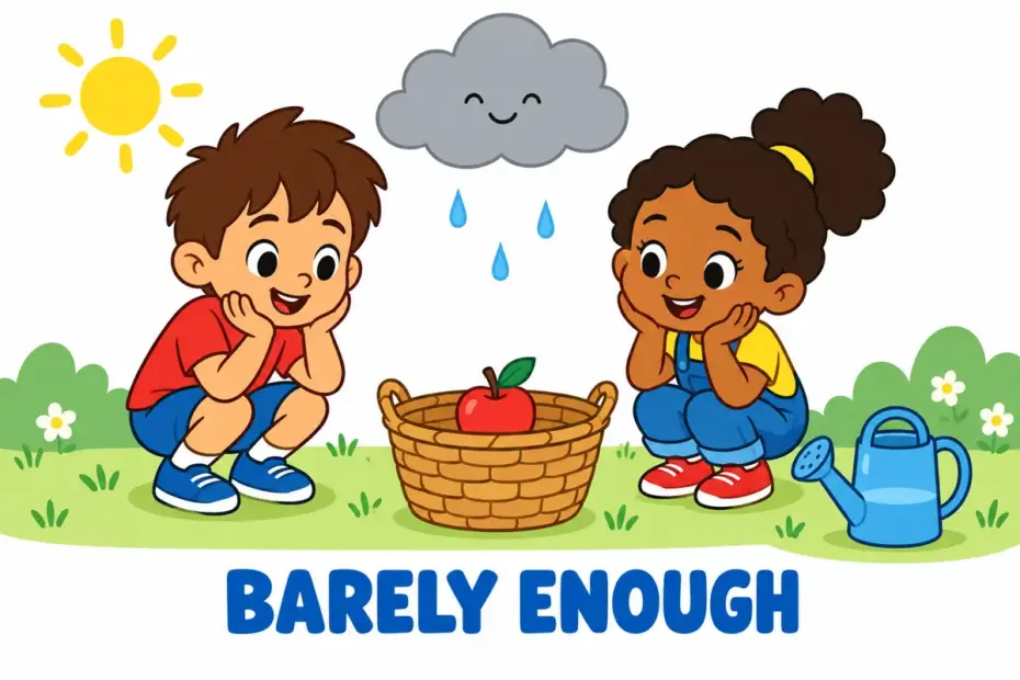 Cartoon children hold a nearly empty basket beside a thin rain cloud, showing scanty in a sentence as a barely sufficient supply.