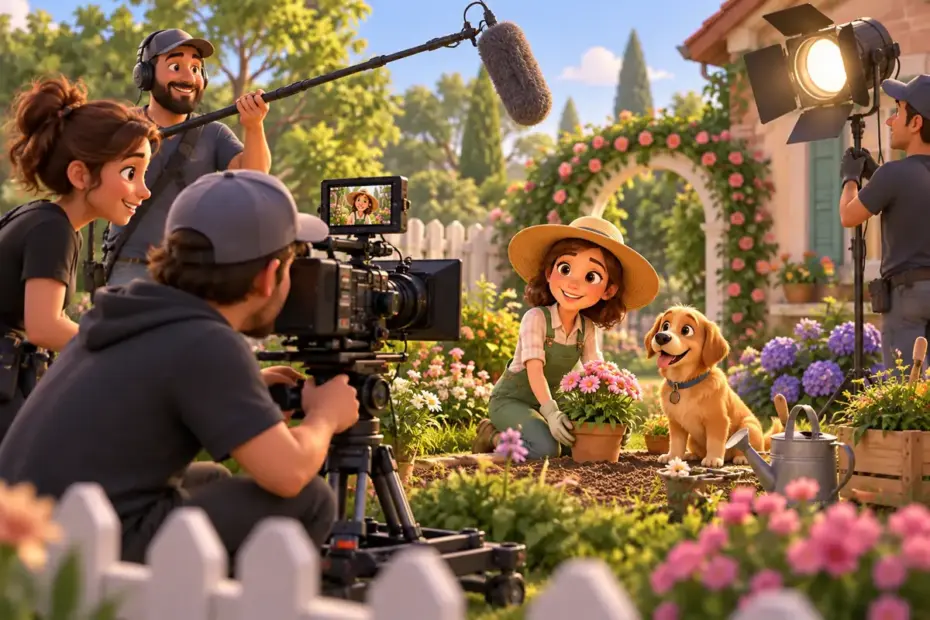 A film crew prepares a garden set with a camera.