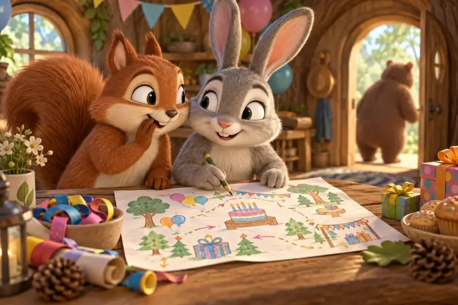 Two friends whisper over a colorful plan for a surprise party.