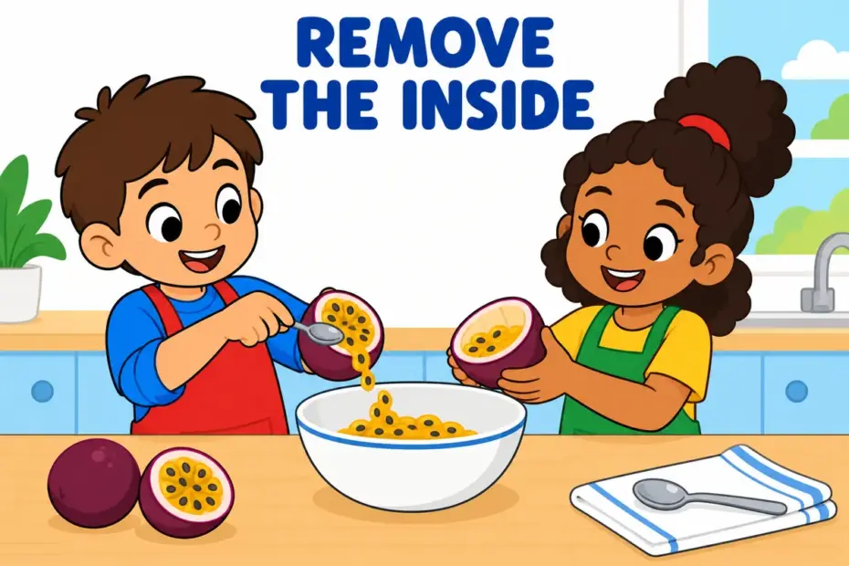 Cartoon children scoop out seeds from a halved fruit with spoons, showing scoop out in a sentence as removing the inside of something.