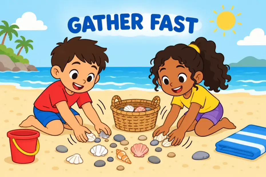 Cartoon children sweep a pile of shells into a basket, showing scoop up in a sentence as a quick gathering movement.