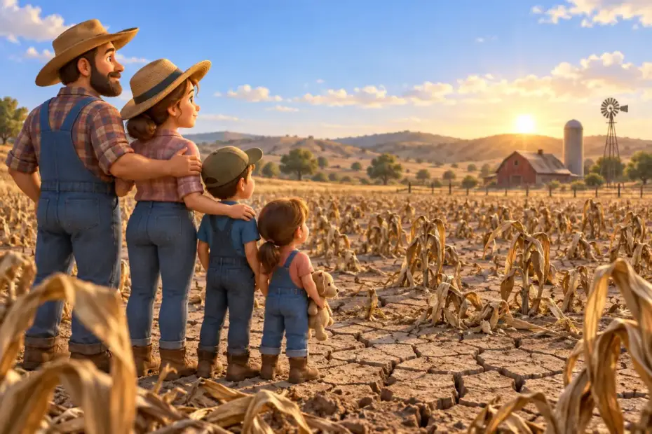 A farming family observes a dry field with wilted crops.
