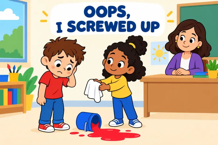 A cartoon boy looks sheepish beside a spilled paint pot, showing screw up in a sentence as making a mistake.