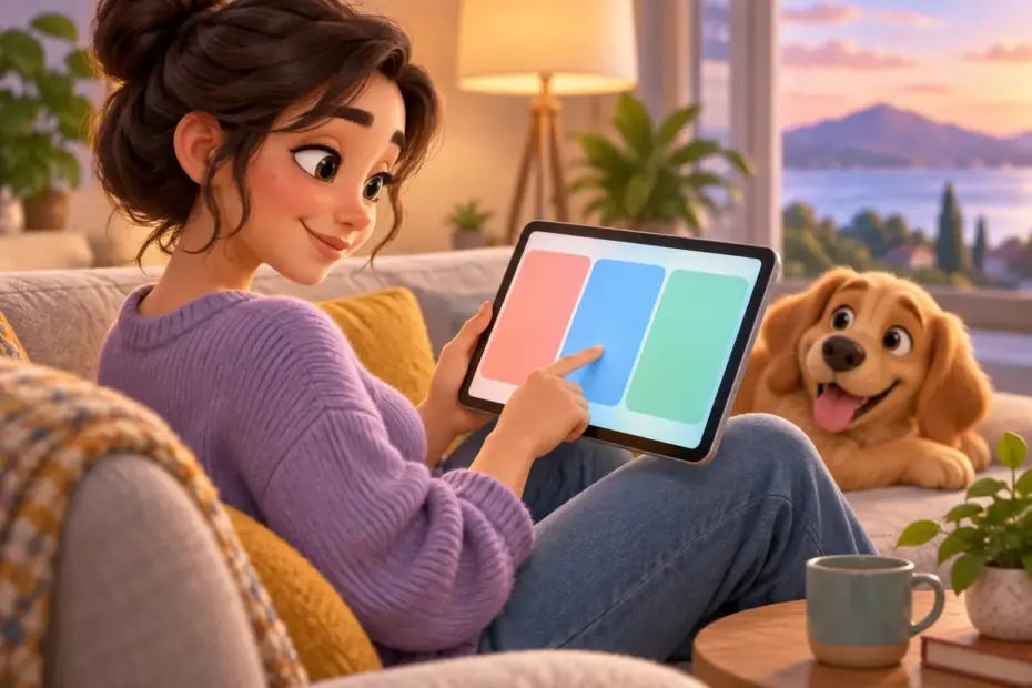A person swipes a tablet showing blank colored panels.