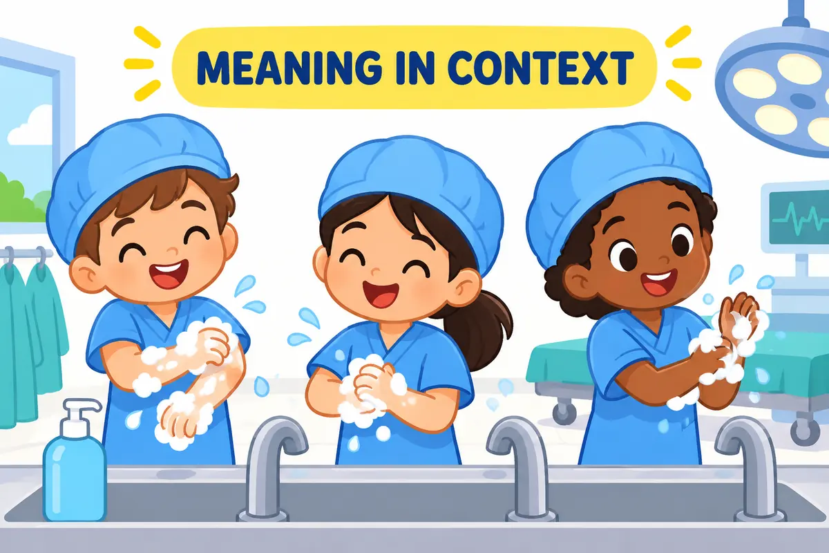Cartoon example illustrating scrub up in a sentence and its meaning.