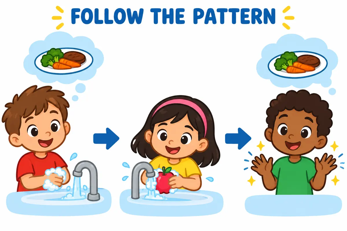 A cartoon demonstrates the grammar pattern for scrub up.
