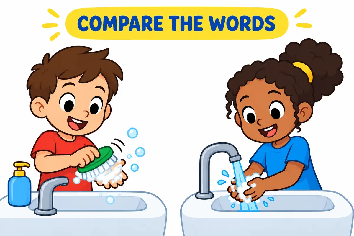 A cartoon contrasts scrub up with the related term wash.