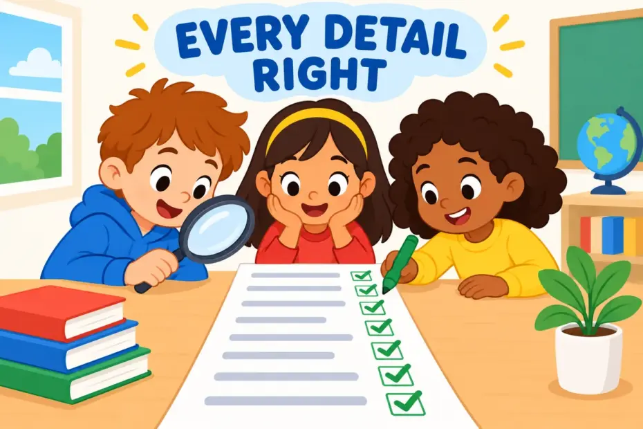 Cartoon children check a long list together with a magnifying glass, showing scrupulous in a sentence as exact and honest care.