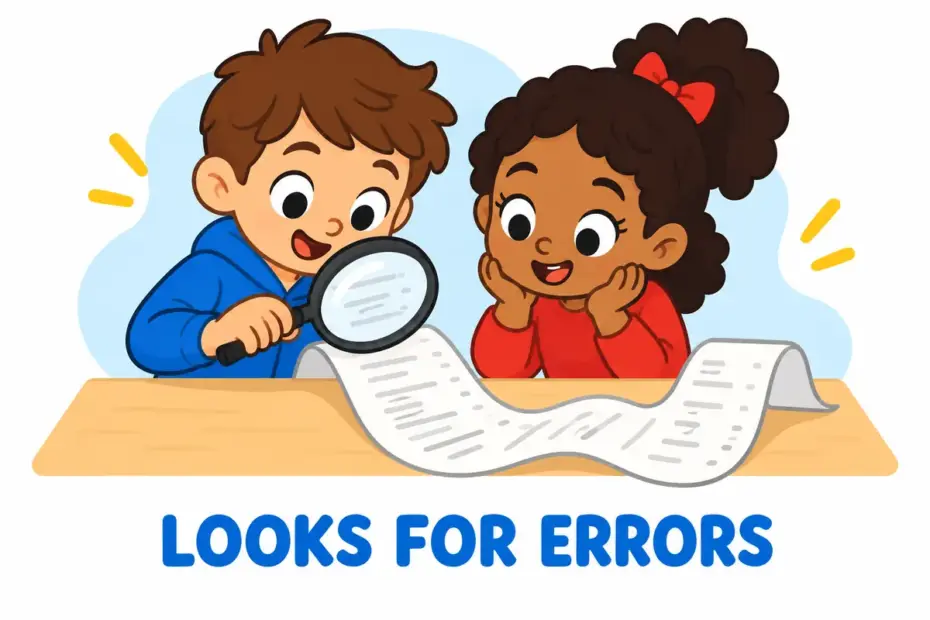 Children inspect a paper carefully, illustrating scrutinize in a sentence as looking closely for details.