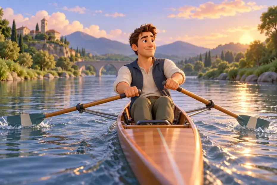 A rower moves a narrow boat with two oars on a river.