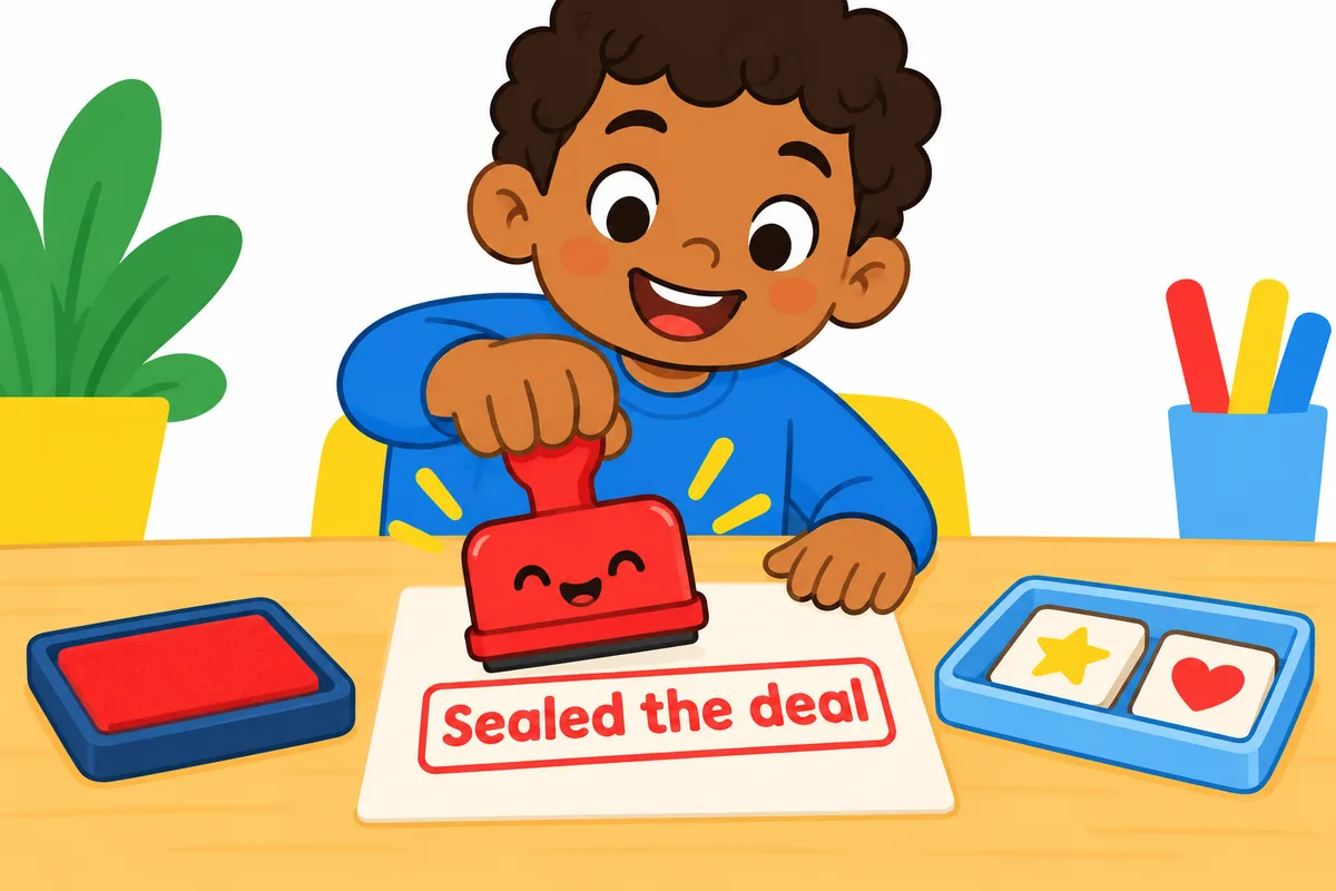 A cartoon stamp presses the fixed words onto a card while two loose word tiles wait in a tray.