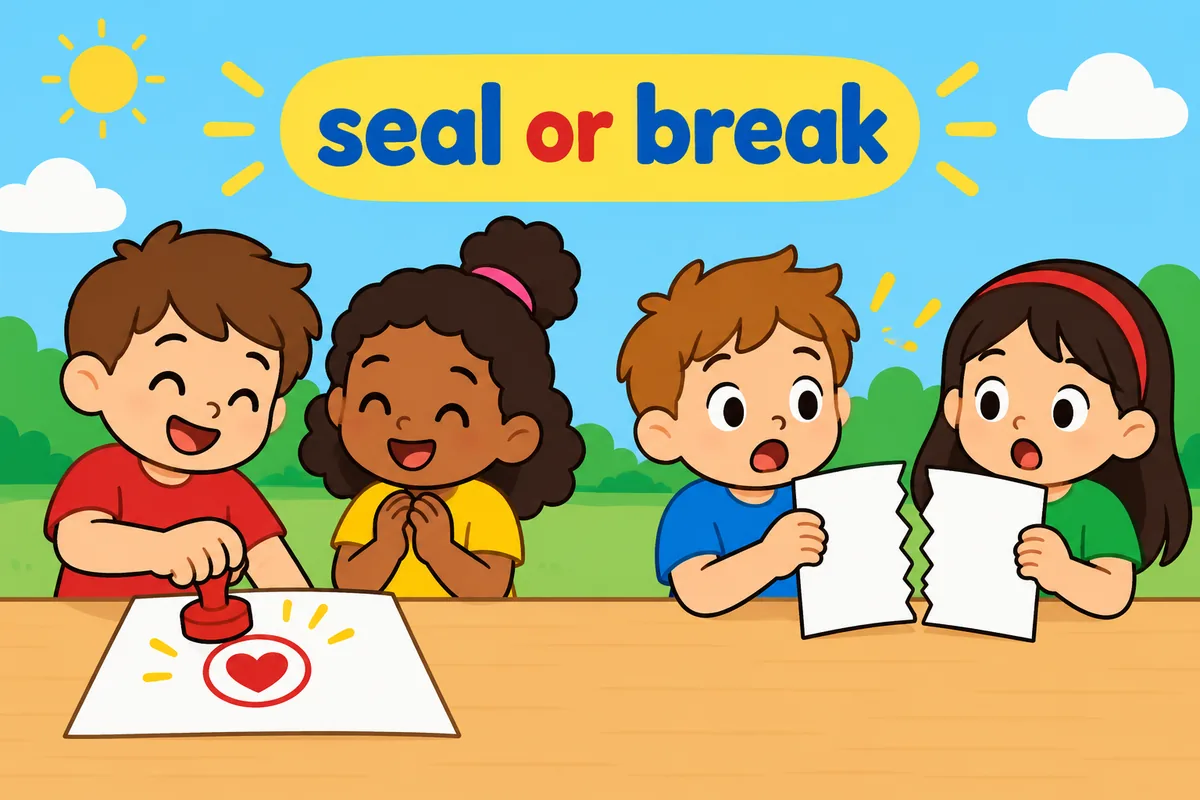 A single cartoon scene contrasts a stamped agreement with a torn paper held by two arguing children.