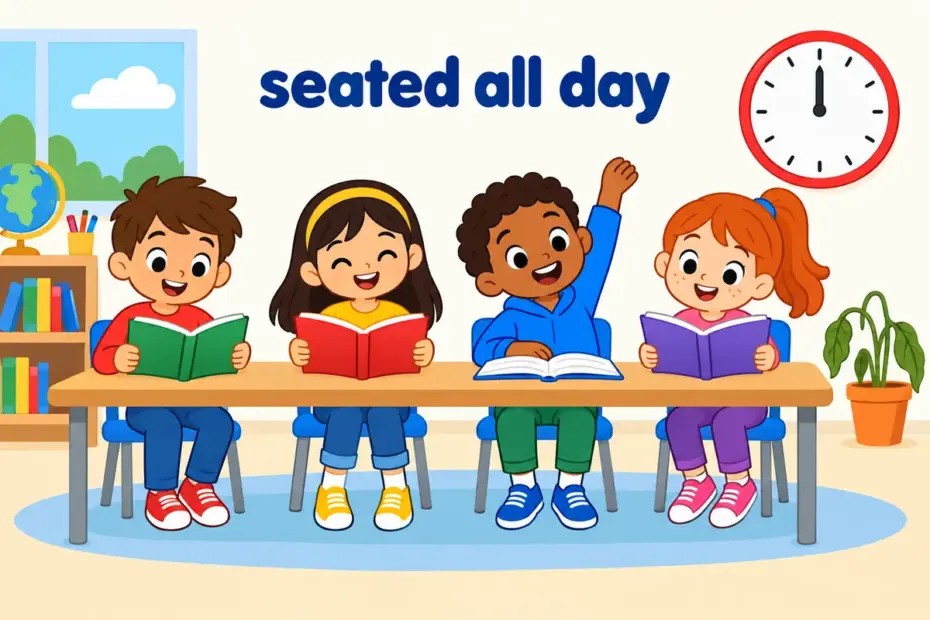 Cartoon pupils stay seated at desks in a library, illustrating sedentary in a sentence as a sitting-heavy routine.