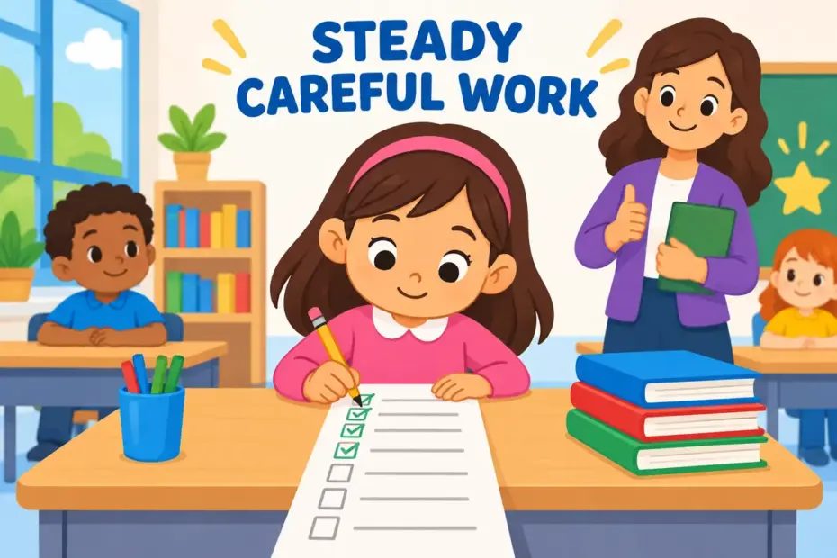 Cartoon pupil works slowly through a long checklist, showing sedulous in a sentence as steady care.