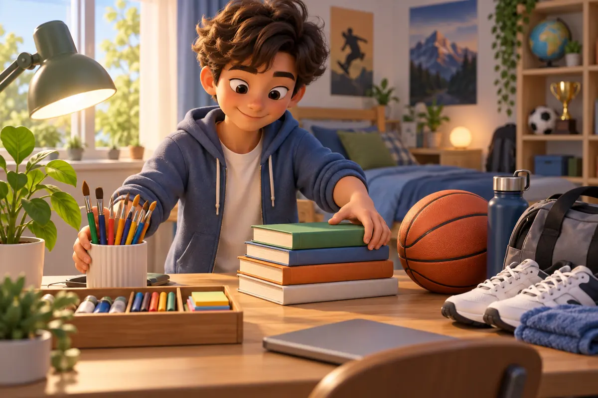 A student arranges art supplies, sports gear, and books on a personal desk.