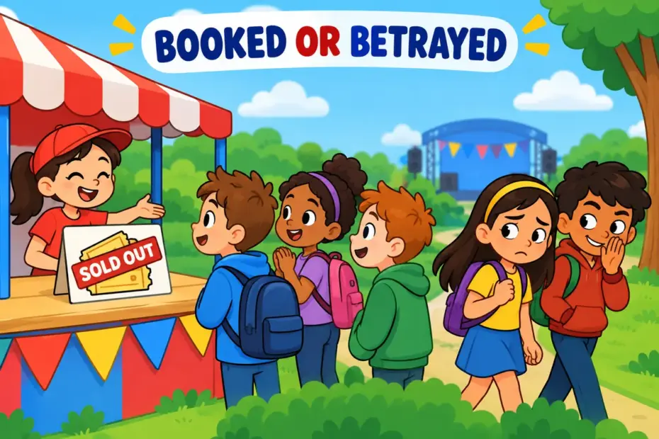 A cartoon booth shows a sold out sign while a second scene hints at a betrayal, capturing sell out in a sentence in both senses.