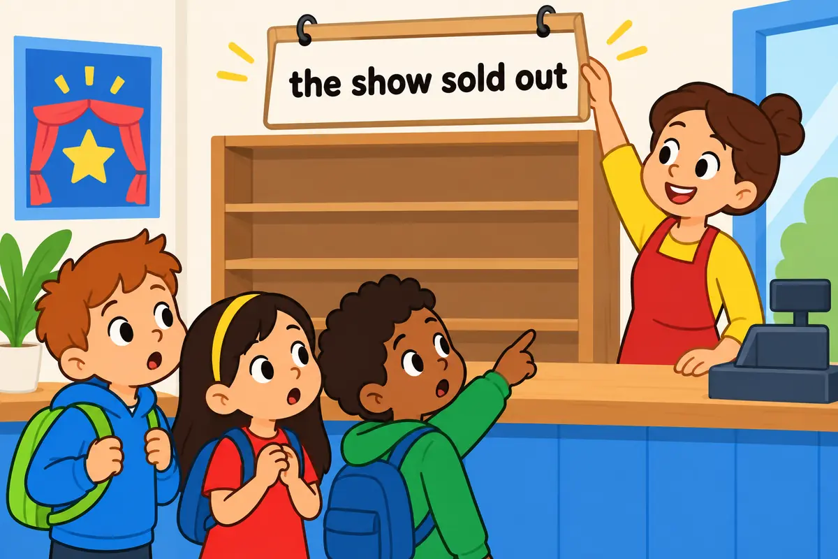 A cartoon shopkeeper turns an empty shelf sign to sold out while a queue of surprised children waits.