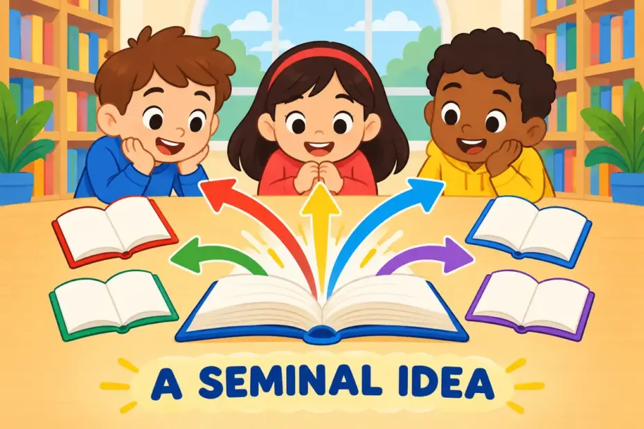 Cartoon children gather around a glowing book that sprouts branching arrows, showing seminal in a sentence as lasting influence.