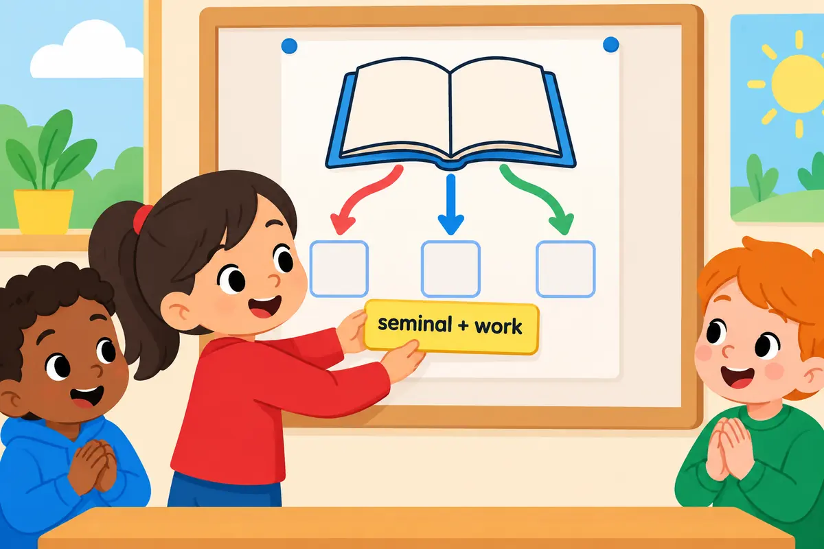 A cartoon card places the tile seminal in front of a picture of a book, with branching arrows showing its influence.