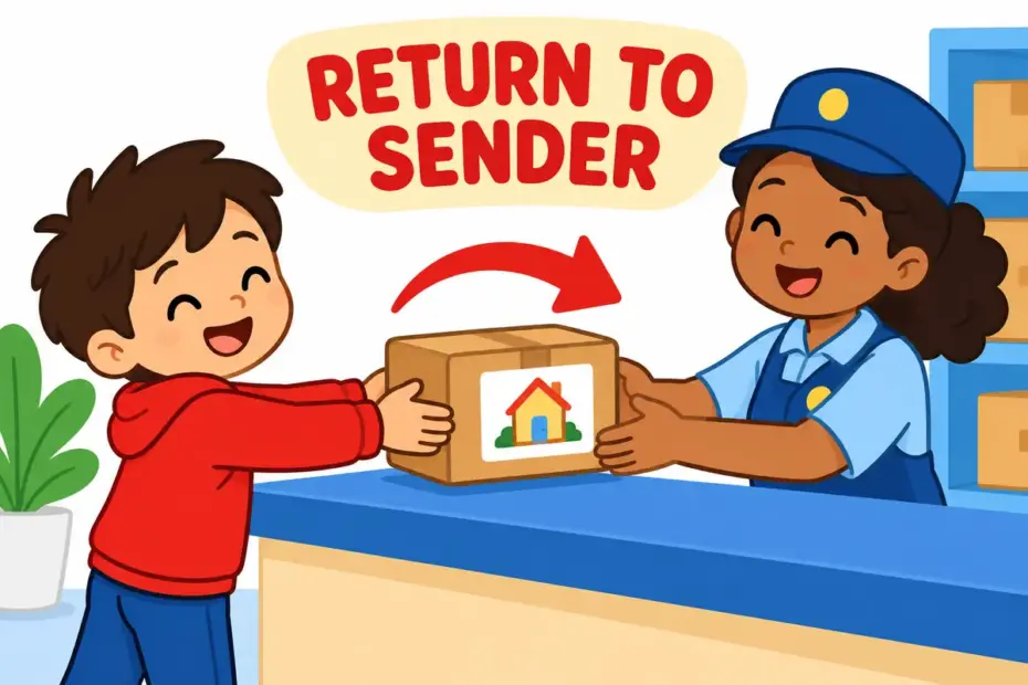 A cartoon child hands a parcel back across a counter, showing send back in a sentence as returning an item to its source.