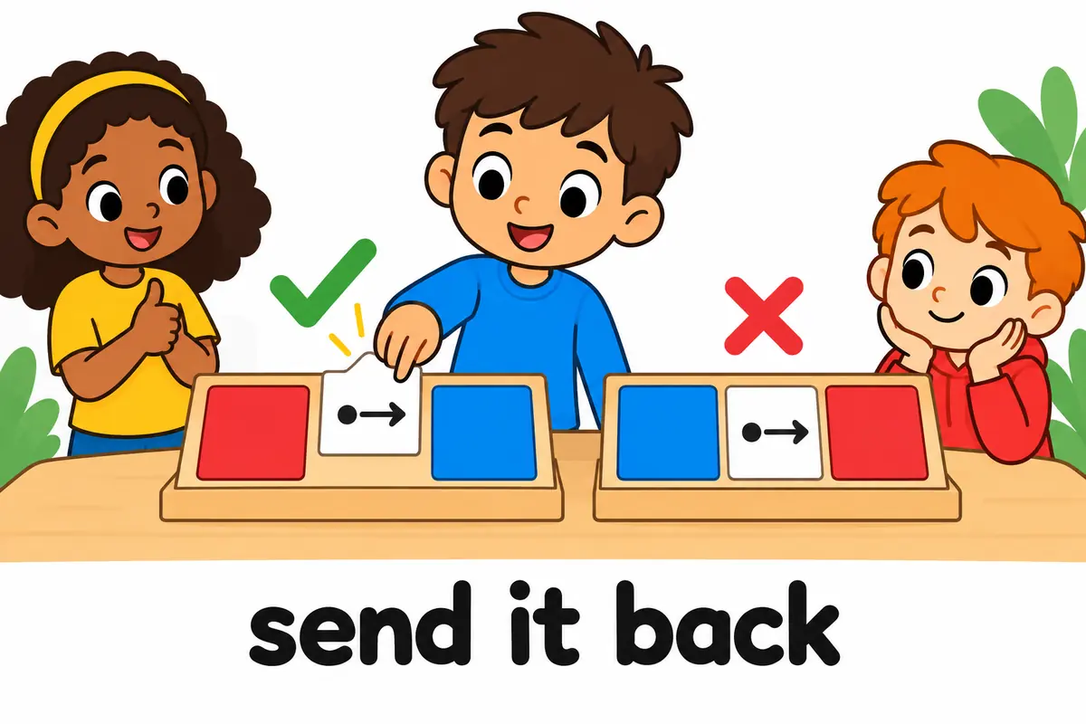 A cartoon board shows a pronoun card slotting between the words send and back, with the wrong order crossed out.