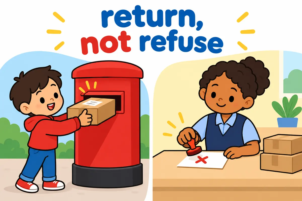 A cartoon split scene contrasts a parcel being returned with a form being stamped and refused.
