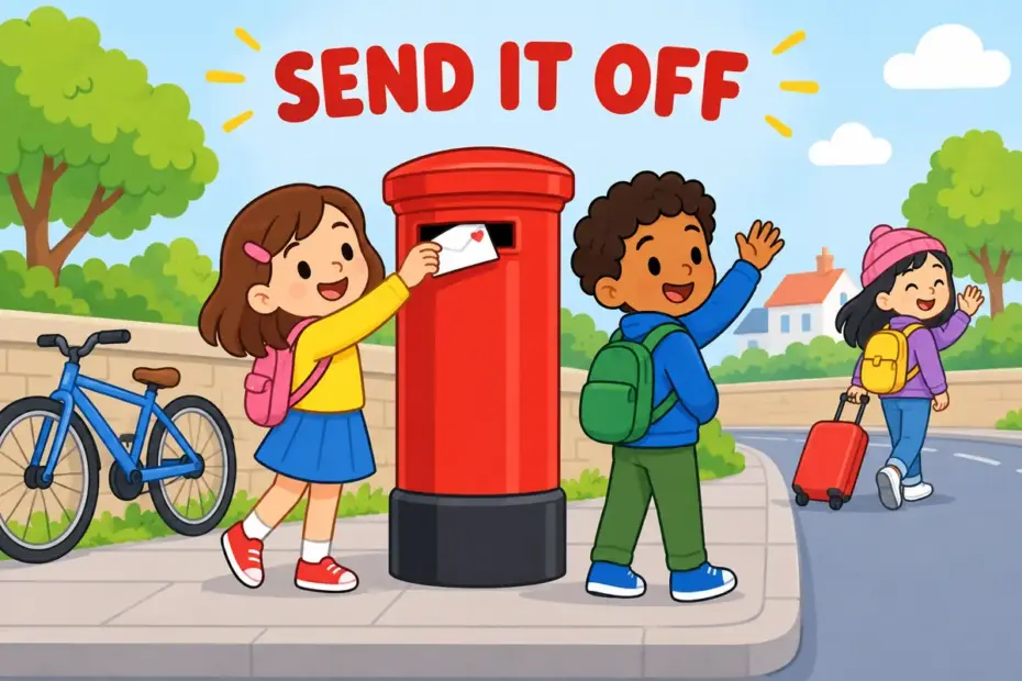 Cartoon girl posts a letter in a red pillar box while a friend waves goodbye, showing send off in a sentence.