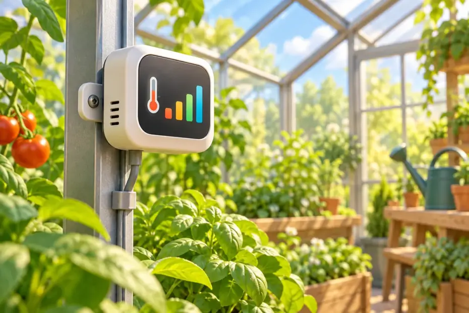 A temperature sensor monitors conditions among greenhouse plants.