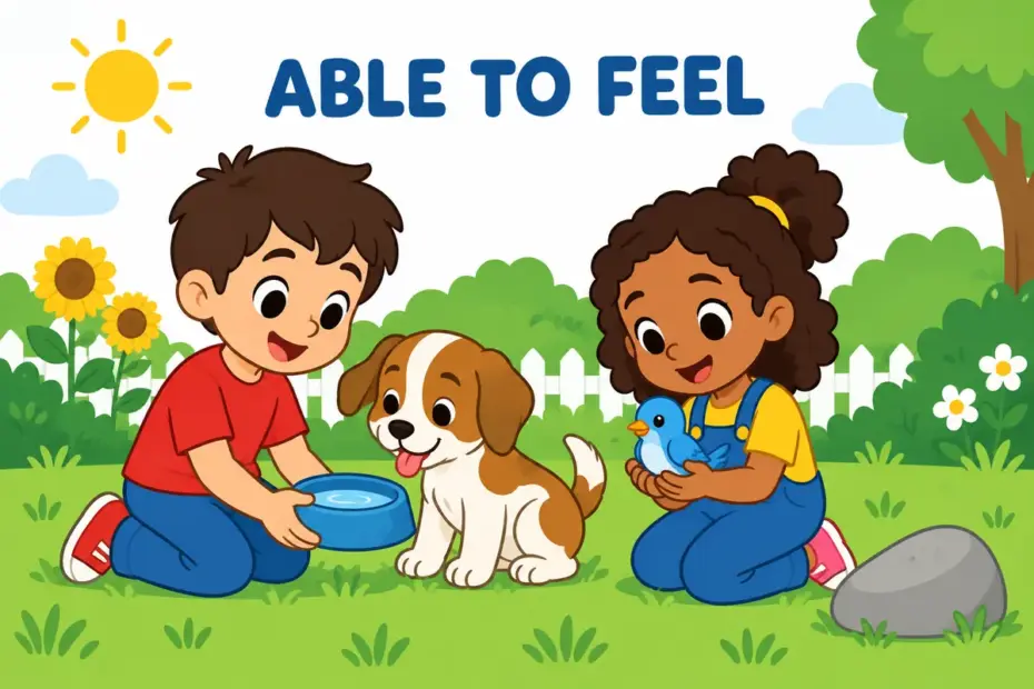 Cartoon children gently care for a puppy and a bird, showing sentient in a sentence as the ability to feel.