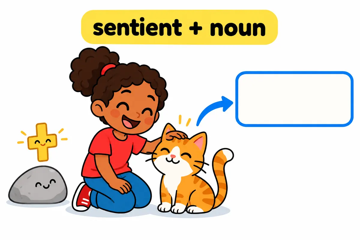 A cartoon child gently strokes a cat while a stone beside them stays plain, showing sentient as the ability to feel.