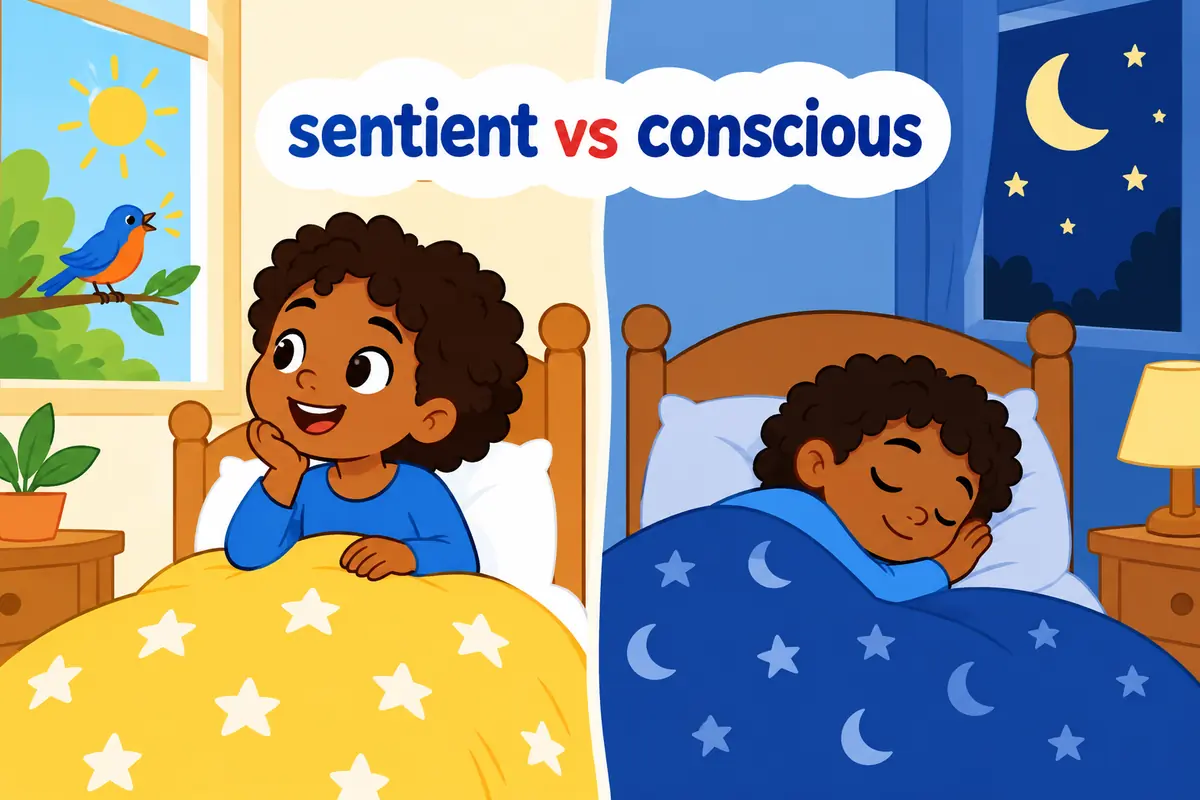 A cartoon split scene contrasts an awake alert child beside a sleeping child under a soft blanket.