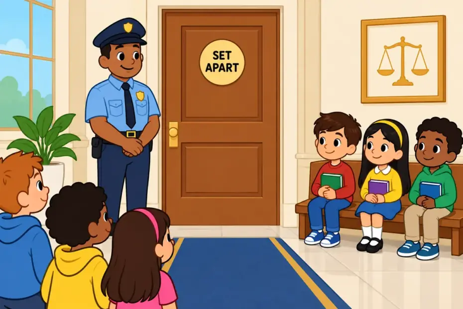 Cartoon children show sequester in a sentence as a friendly guard separating a small group from the crowd at a sealed room.