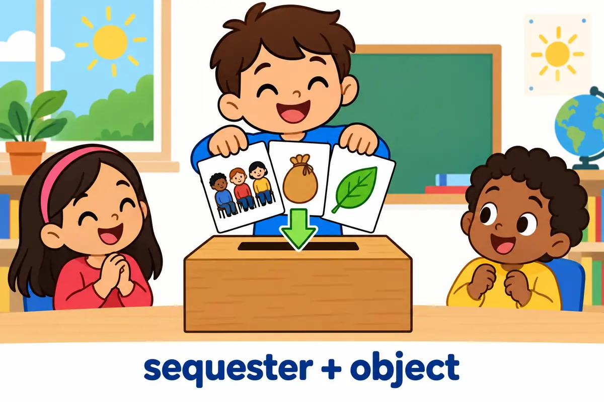 Cartoon cards show a jury, a money bag and a green leaf being set apart into one slot after the verb sequester.
