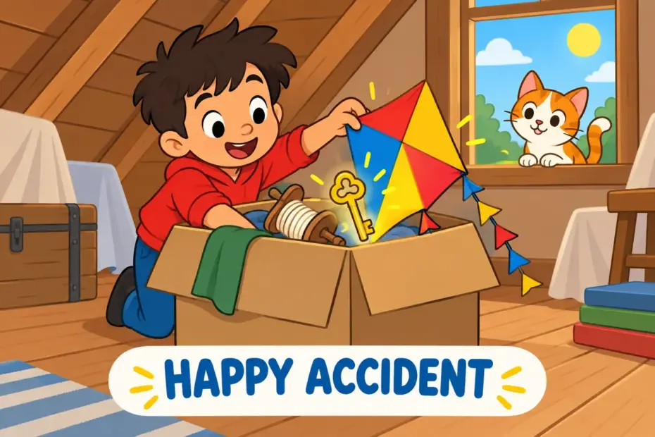 Cartoon children search a box for one thing and discover something wonderful, showing serendipity in a sentence.